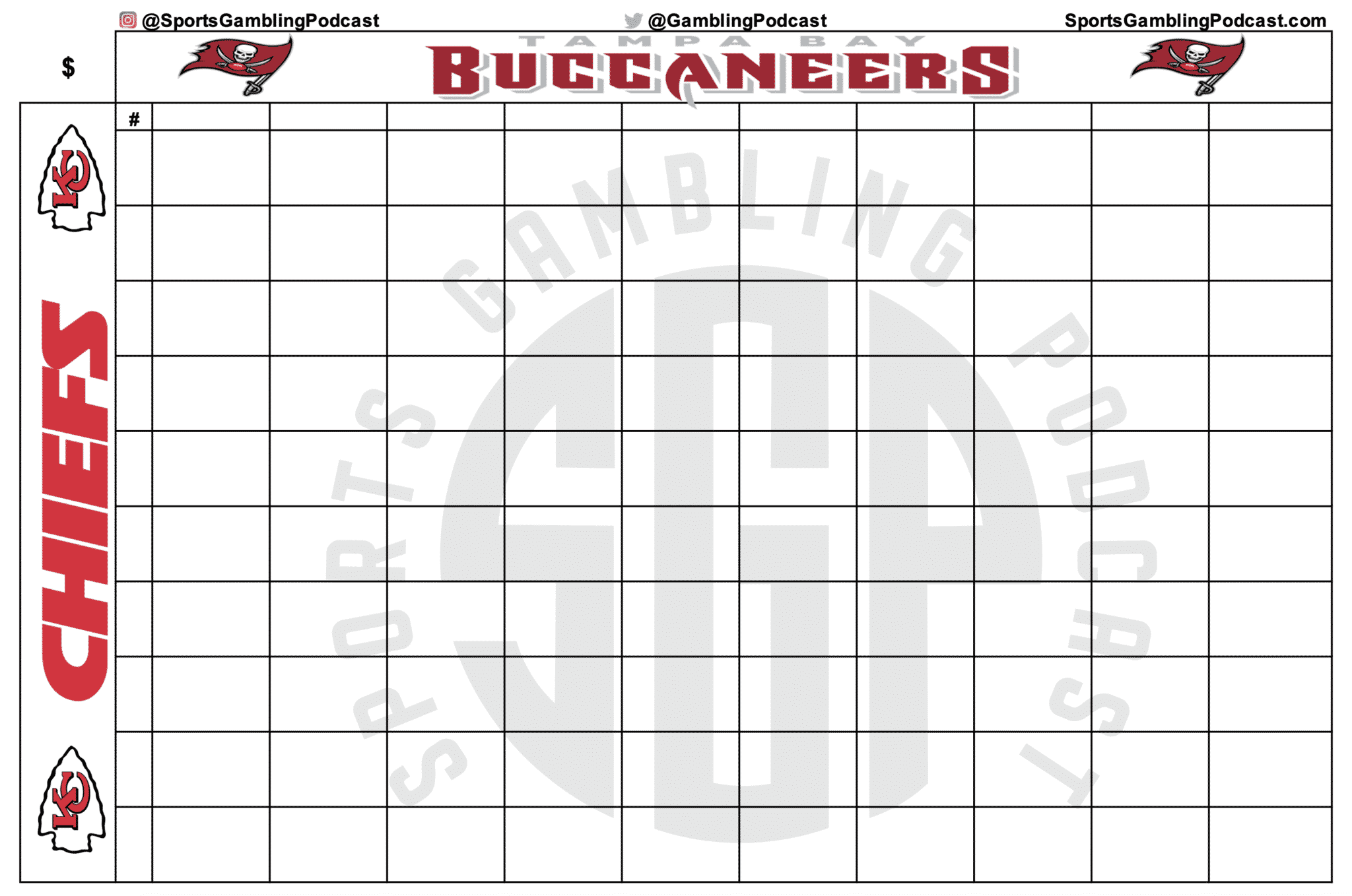 printable super bowl 55 squares grid - kansas city chiefs vs tampa